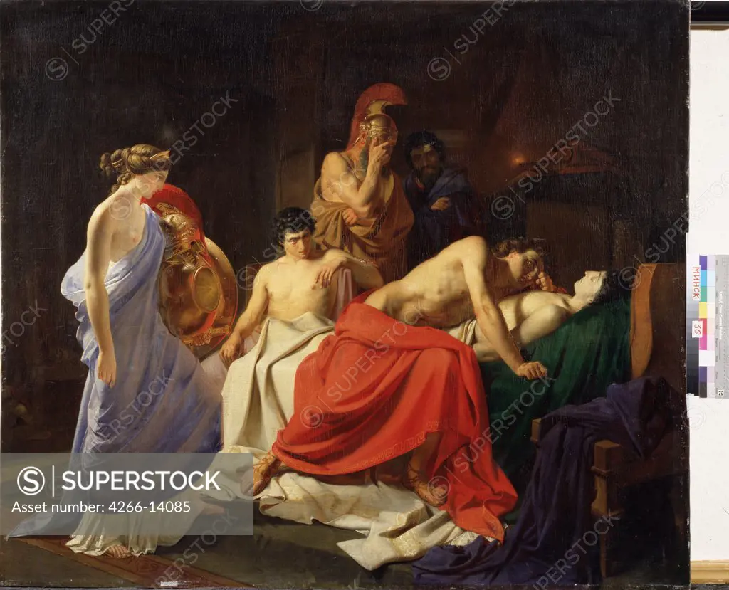 Achilles Lamenting death of Patroclus by Nikolai Nikolayevich Ge, oil on canvas, 1855, 1831-1894, Belarus, Minsk, National Art Museum of Belorussian Republik, 147, 5x172