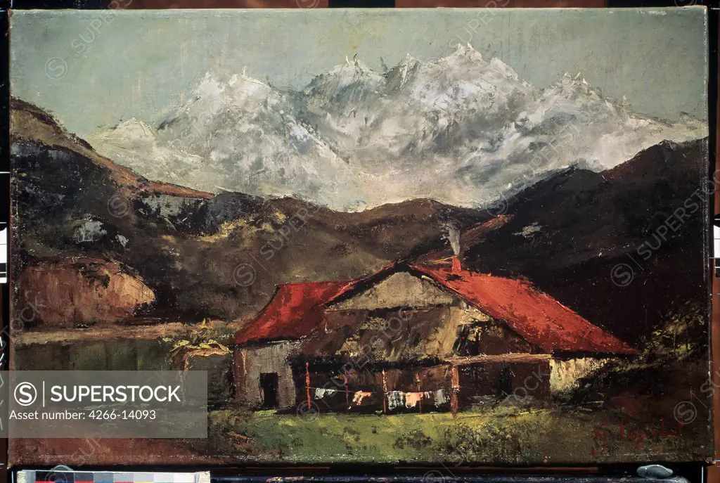 Landscape with mountain and house by Gustave Courbet, oil on canvas, circa 1874, 1819-1877, Russia, Moscow, State A. Pushkin Museum of Fine Arts, 33x49