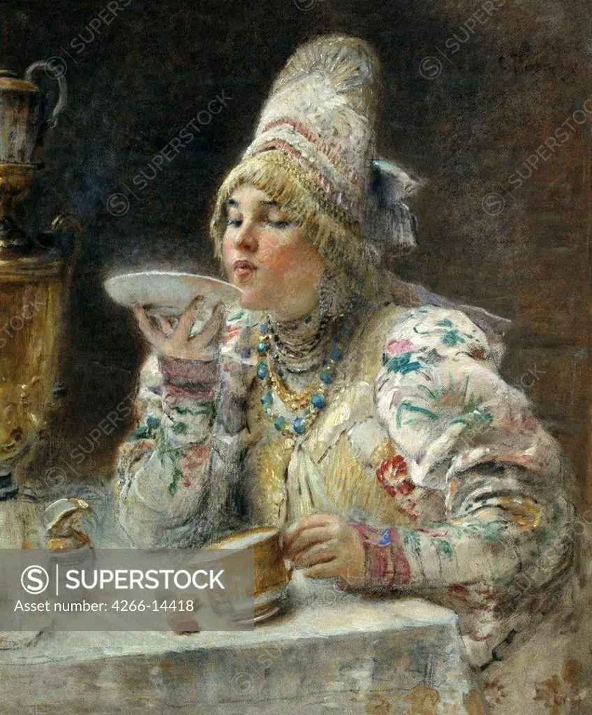 Woman having tea by Konstantin Yegorovich Makovsky, Oil on canvas, 1914, 1839-1915, Russia, Simbirsk, Regional Art Museum, 75, 5x64, 5