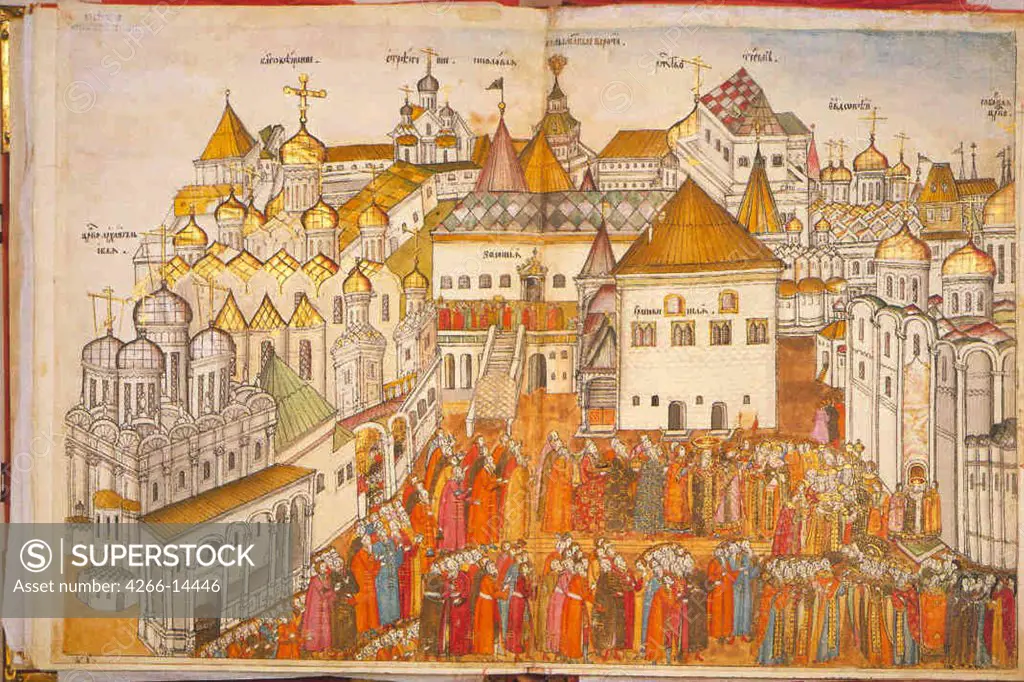 Townscape by anonymous artist, Watercolor on parchment, 17th century, Russia, Moscow, Russian State Library,