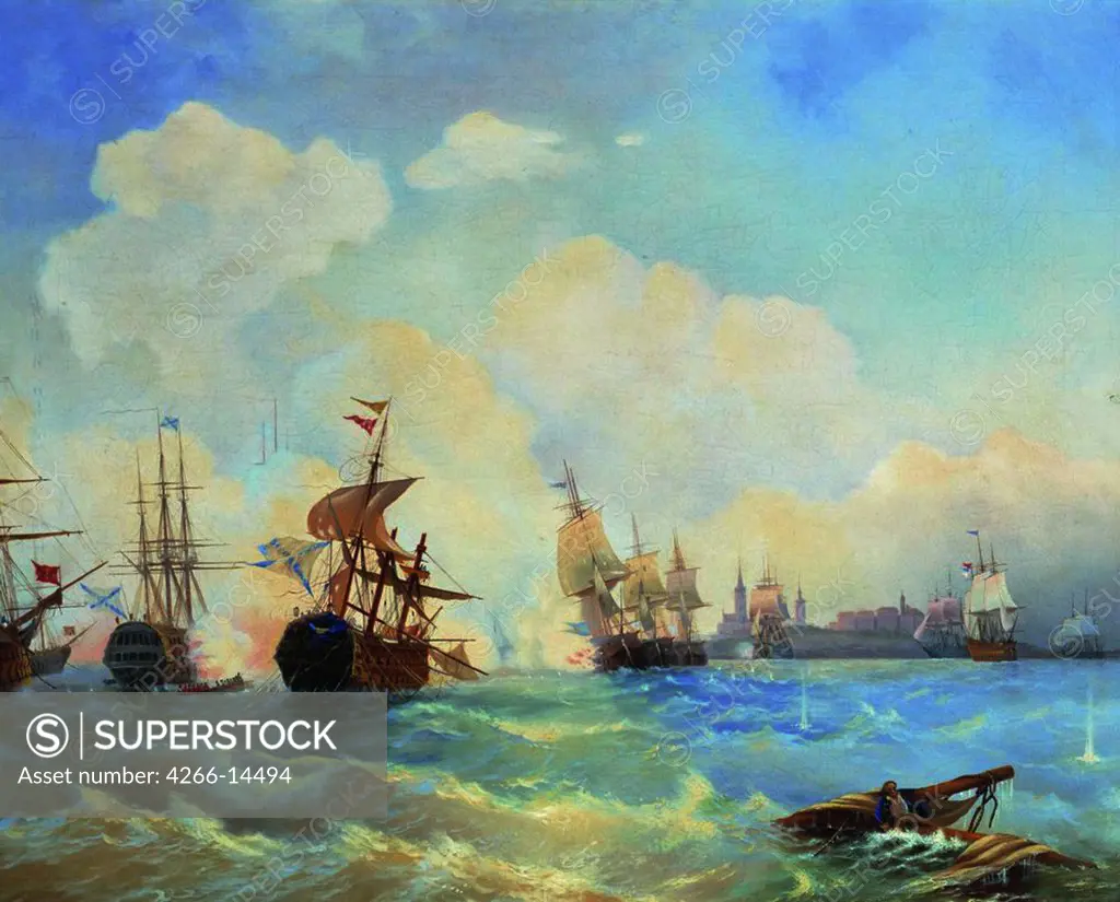 Sea battle by Alexei Petrovich Bogolyubov, oil on canvas, 1860s, 1824-1896, Russia, St Petersburg, State Central Navy Museum, 71x90