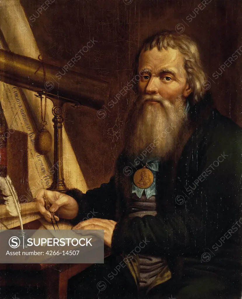 Portrait of Ivan Kulibin by Pavel Petrovich Vedenetsky, oil on canvas, 1818, 1766-1847, Russia, Novogrod, State Open-air Museum of History and Architecture Novgorodian Kremlin, 81, 4x67, 2