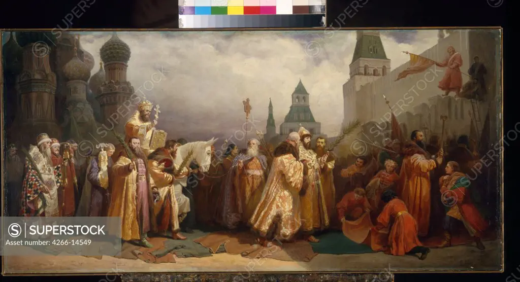 Patriarch Alexis I during Palm Sunday by Vyacheslav Grigoryevich Schwarz, oil on canvas, 1865, 1838-1869, Russia, St. Petersburg, State Russian Museum, 60x122