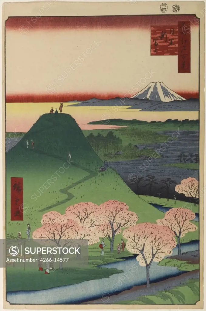 Landscape with hill and mountain by Utagawa Hiroshige, color woodcut, 1856-1858, 1797-1858, Russia, St. Petersburg, State Hermitage, 39x26