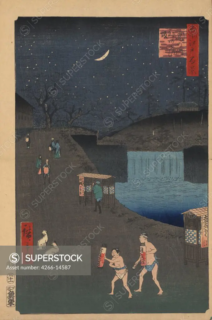 Japanese illustration with dam by Utagawa Hiroshige, color woodcut, 1856-1858, 1797-1858, Russia, St. Petersburg, State Hermitage, 39x26