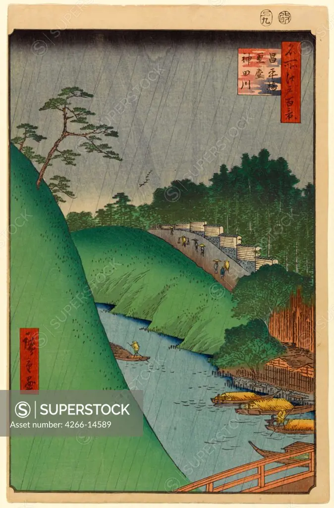 Landscape with river and forest by Utagawa Hiroshige, color woodcut, 1856-1858, 1797-1858, Russia, St. Petersburg, State Hermitage, 39x26