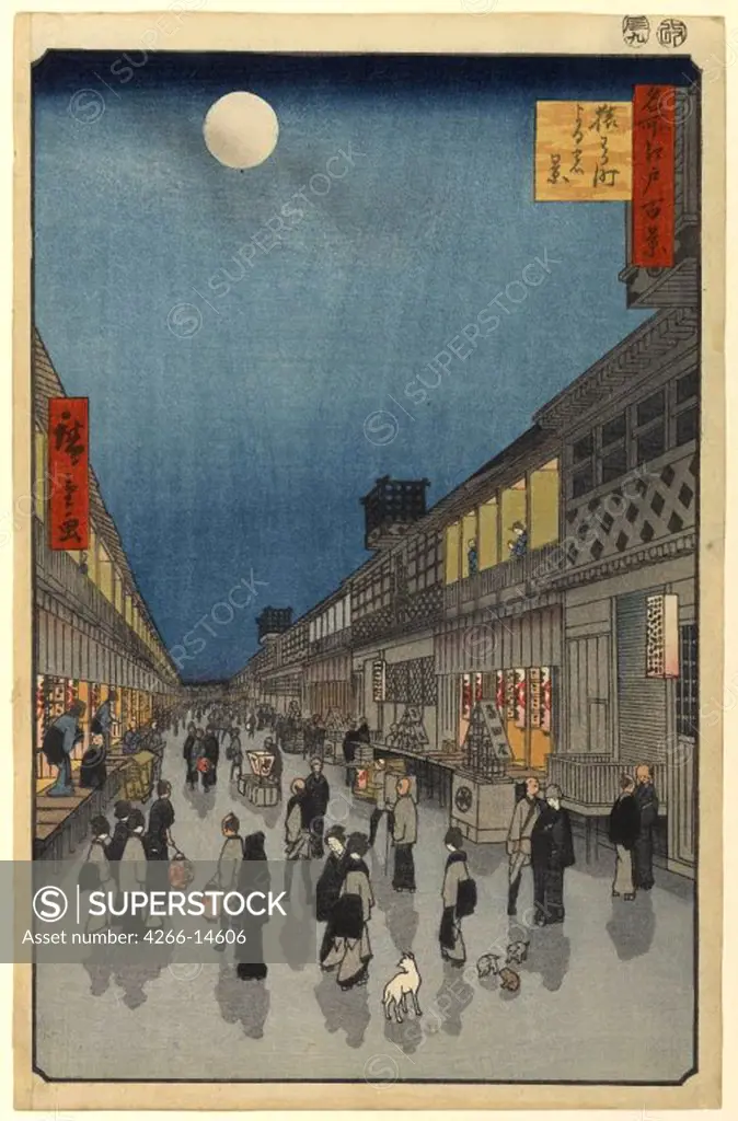 Street scene with full moon by Utagawa Hiroshige, colour woodcut, 1856-1858, 1797-1858, Russia, St Petersburg, State Hermitage, 39x26