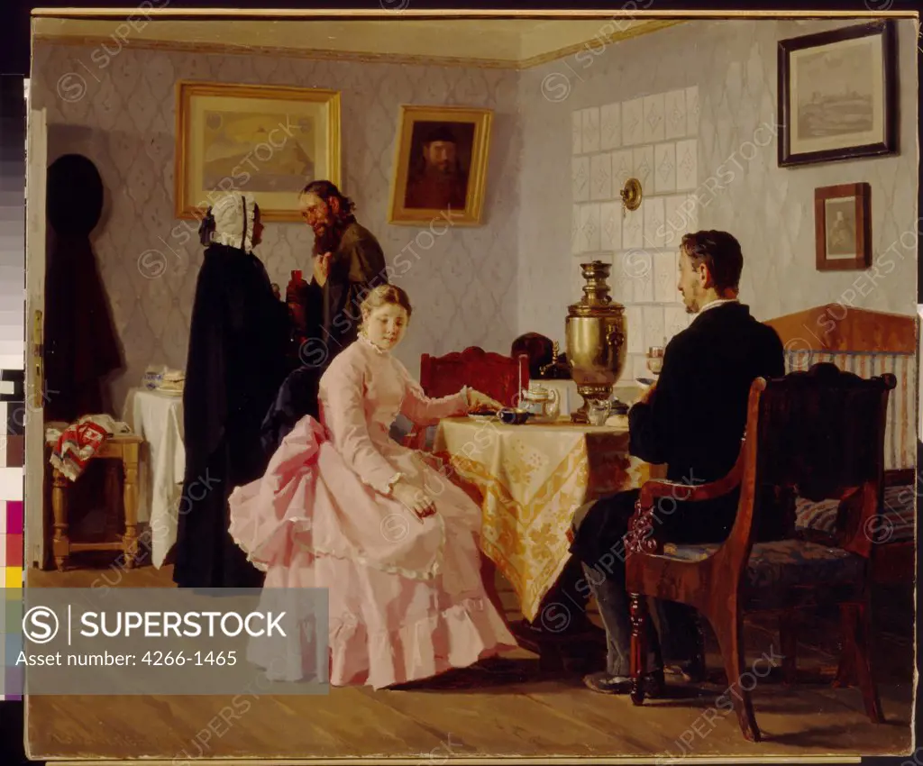 Home scene with newly engaged couple by Nikolai Vasilyevich Nevrev, Oil on canvas, 1888, 1830-1904, Russia, Moscow, State Tretyakov Gallery, 89x106, 7