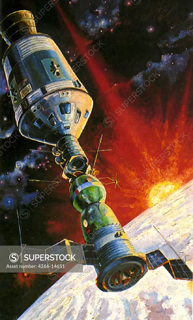 Rocket launched into cosmic space by Alexei Arkhipovich Leonov, oil on canvas, 1974, 1934, Russia, Moscow, Central Artist's House