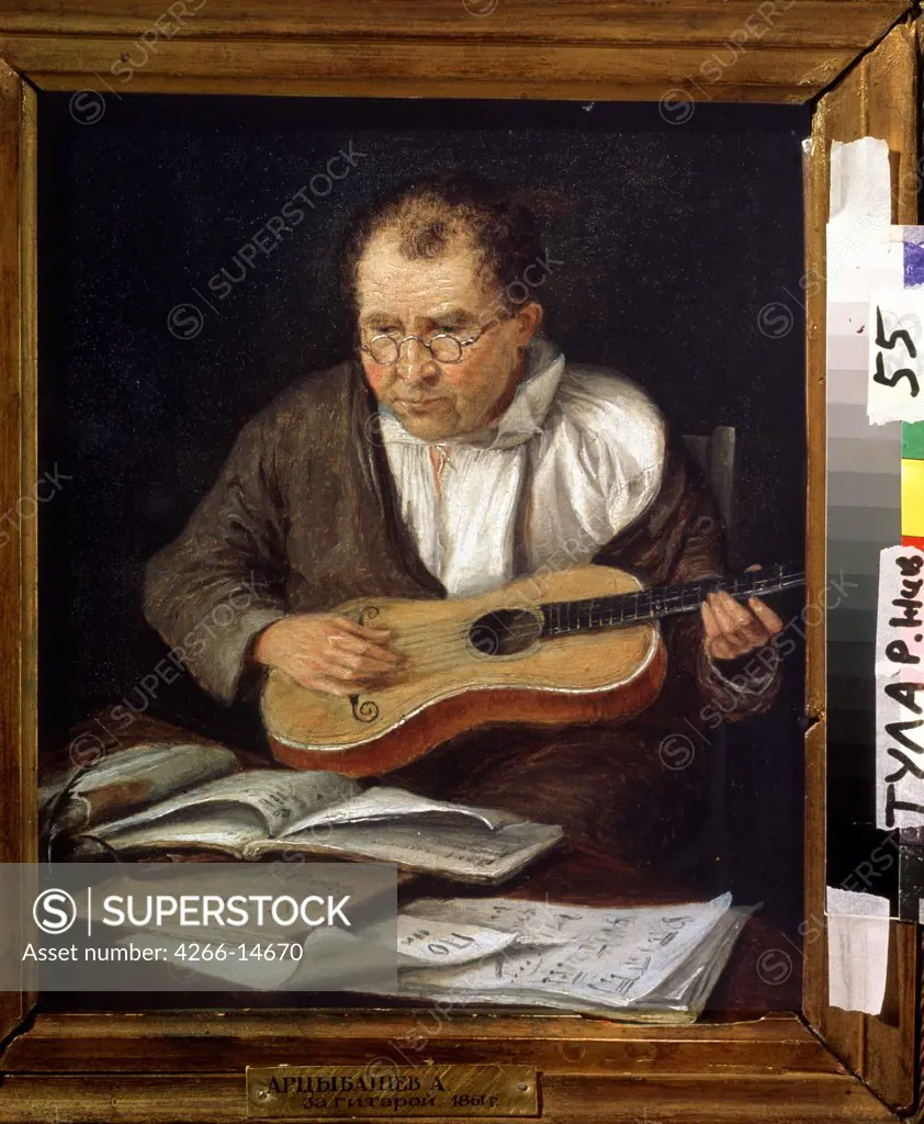 Portrait of man with guitar by A. Artsybashev, oil on canvas, 1861, 19th century, Russia, Tula, State Art Museum, 30, 5x26