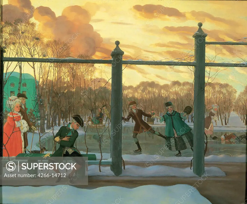 Ice-skating by Konstantin Andreyevich Somov, oil on canvas, 1915, 1869-1939, Russia, St. Petersburg, State Russian Museum, 49x58