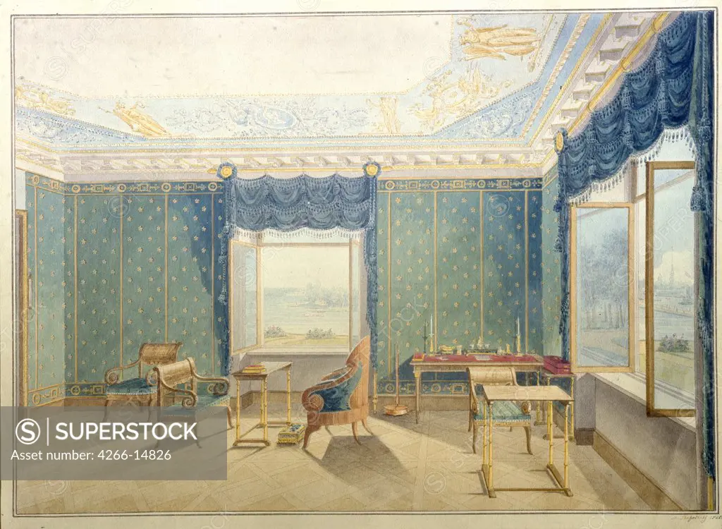 Interior of room in Yelagin Palace by Maxim Nikiphorovich Vorobyev, watercolour and ink on paper, 1821, 1787-1855, Russia, St. Petersburg, State Russian Museum, 29x39, 8
