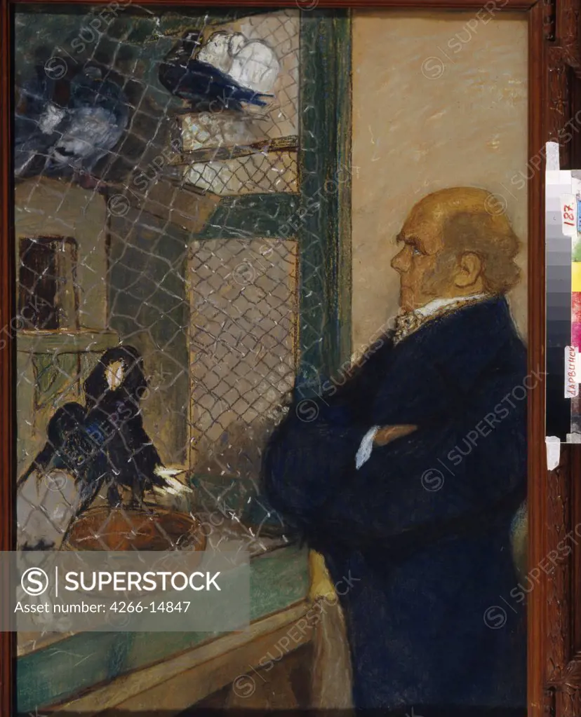 Portrait of british scientist Charles Darwin standing in front of cage by Mikhail Dmitrievich Ezuchevsky, pastel on paper, 1920, 1880-1928, Russia, Moscow, State Darwin Museum, 100x80