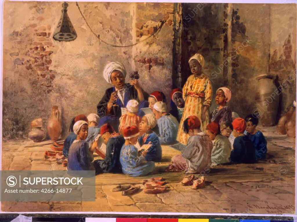 Children learning by Konstantin Yegorovich Makovsky, Watercolour on paper, 1873, 1839-1915, Russia, St. Petersburg, State Russian Museum, 26, 9x38, 1
