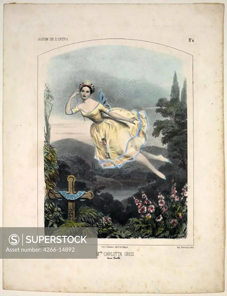 Carlotta Grisi by French master, Colour lithograph, 1844, Russia, St. Petersburg, State Museum of Theatre and Music Art,