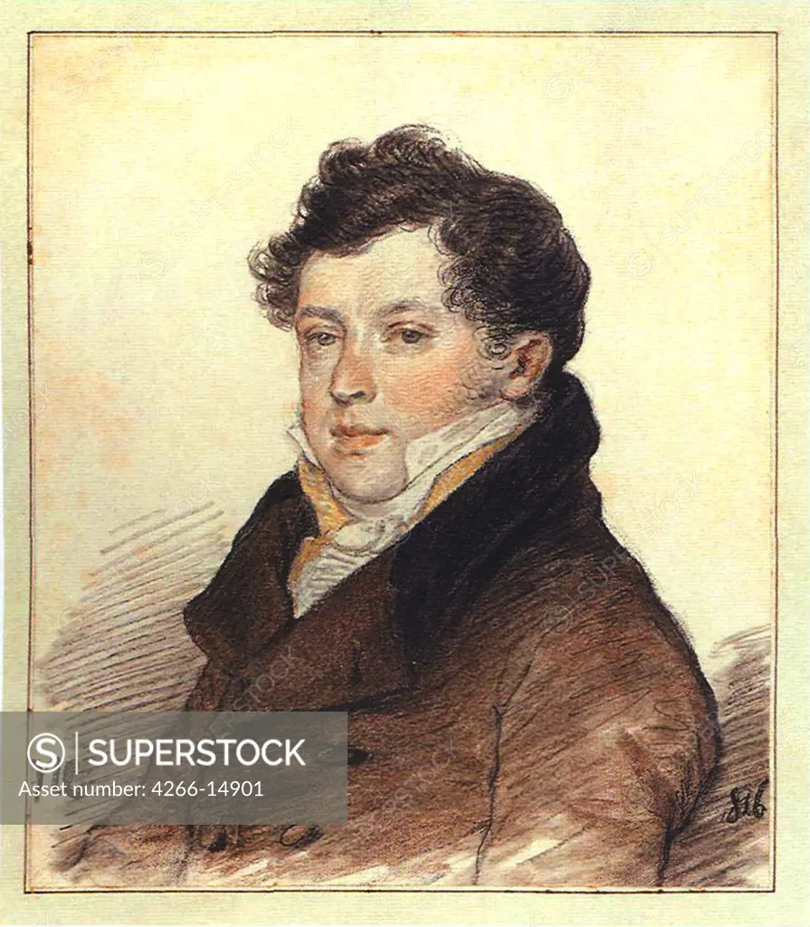Portrait of man by Pyotr Fyodorovich Sokolov, Colour lithograph, 1816, 1791-1848, Russia, St. Petersburg, A. Pushkin Memorial Museum,
