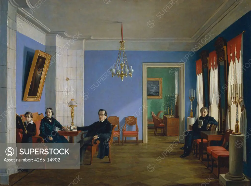 People in living room by Nikolai Ivanovich Podklyuchnikov, Oil on canvas, 1830s, 1813-1877, Russia, St. Petersburg, A. Pushkin Memorial Museum, 58x87, 5