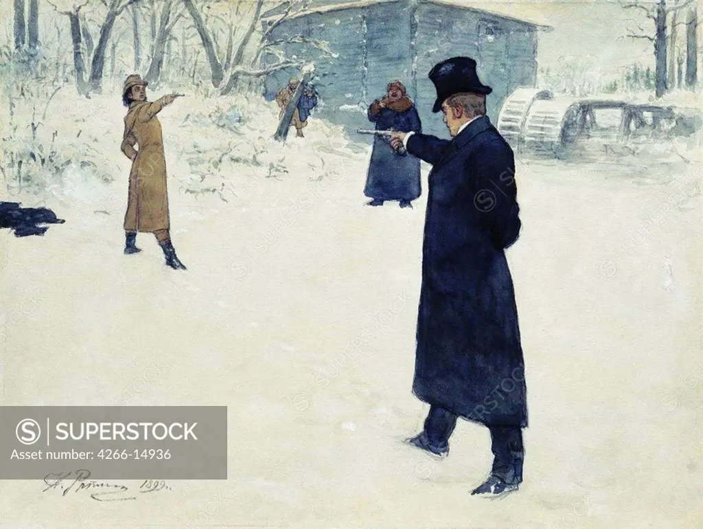 Duel by Ilya Yefimovich Repin, Watercolor, gouache, ink and pen on paper, 1899, 1844-1930, Russia, St Petersburg, Institut of Russian Literature IRLI (Pushkin-House), 29, 3x39, 3