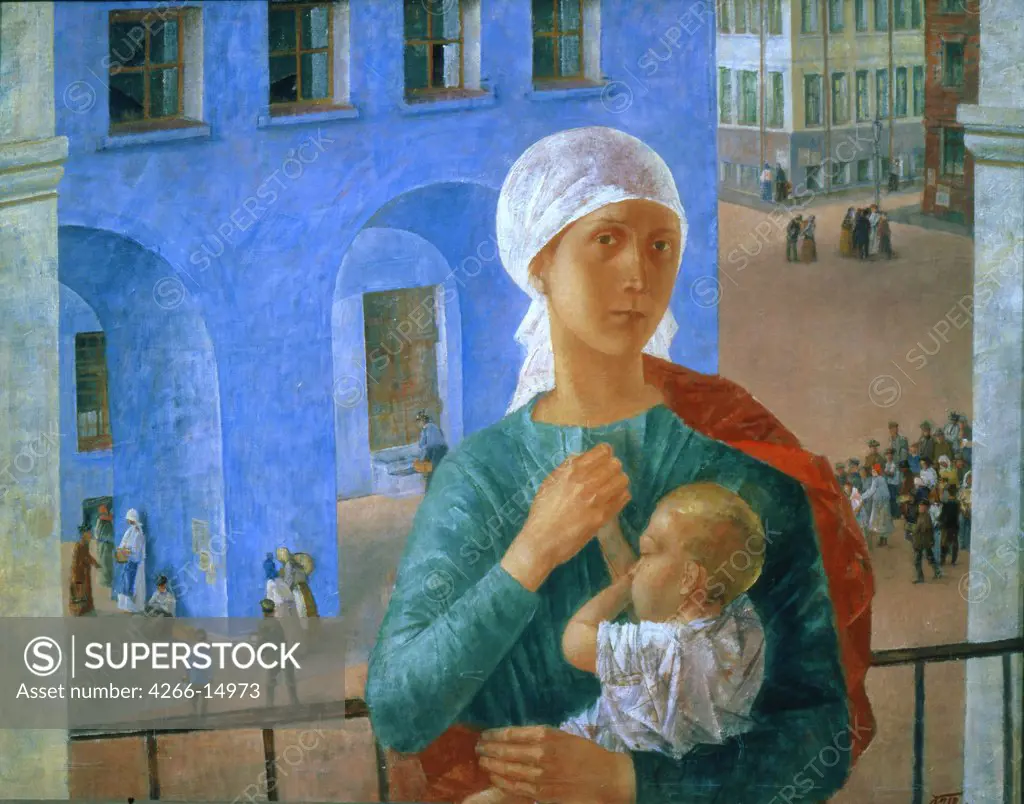 Mother holding her baby by Kuzma Sergeyevich Petrov-Vodkin, Oil on canvas, 1920, 1878-1939, Russia, Moscow, State Tretyakov Gallery, 73x92