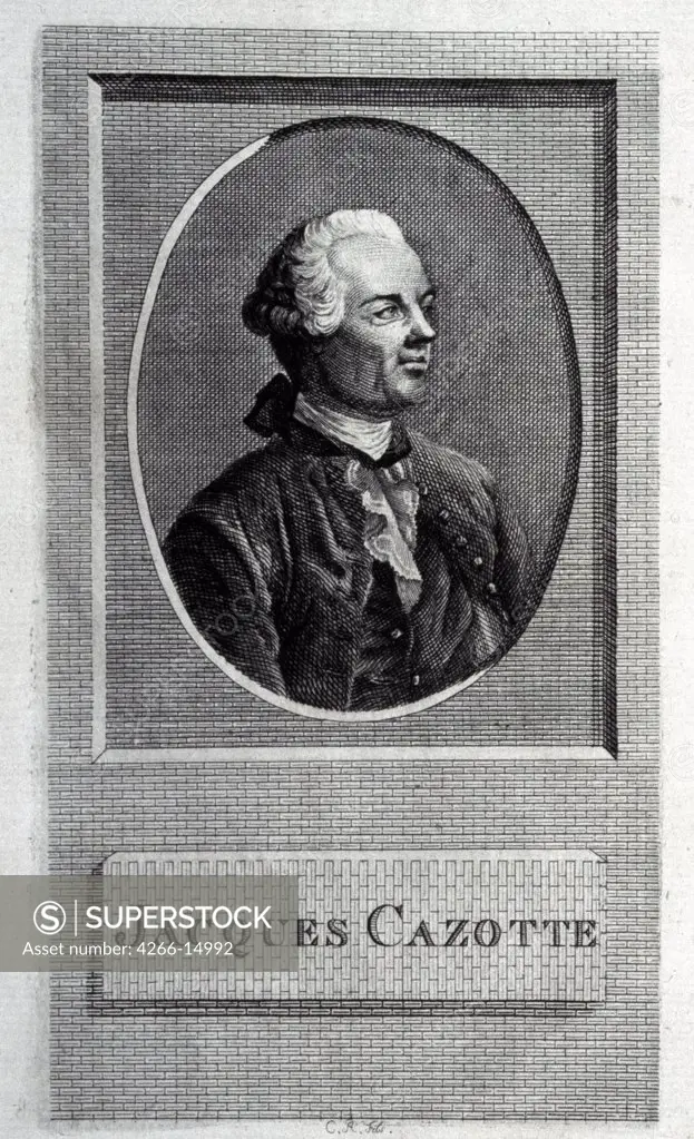 Portrait of Jacques Cazotte by French master, Copper engraving, 18th century, St. Petersburg, Russia, A. Pushkin Memorial Museum,