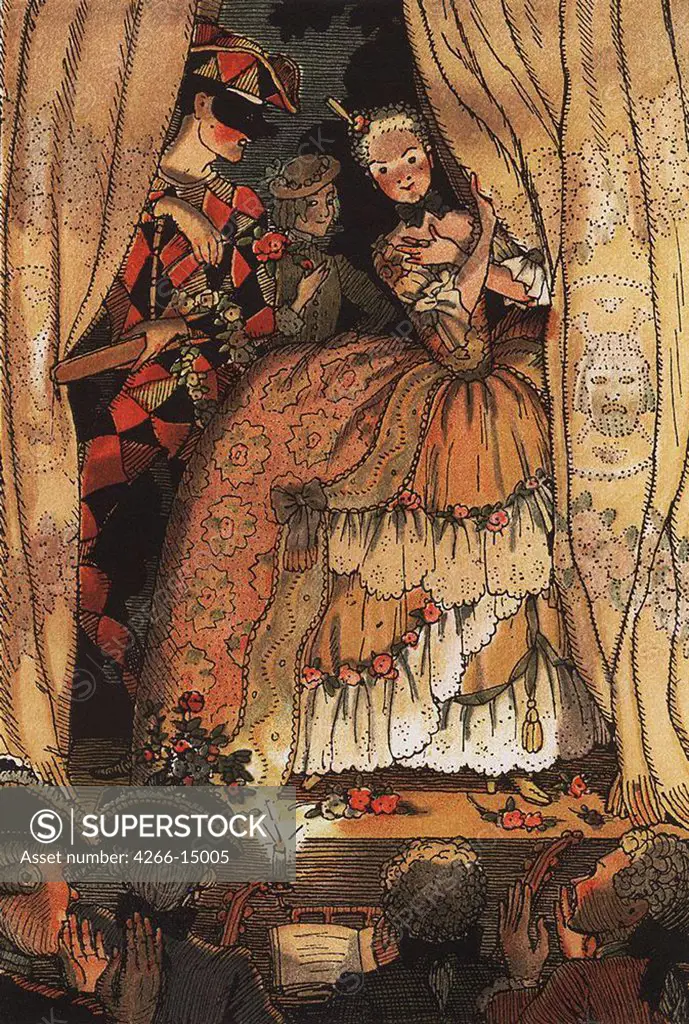 Actors on stage by Konstantin Andreyevich Somov, Colour aquatint, 1869-1939, Private Collection