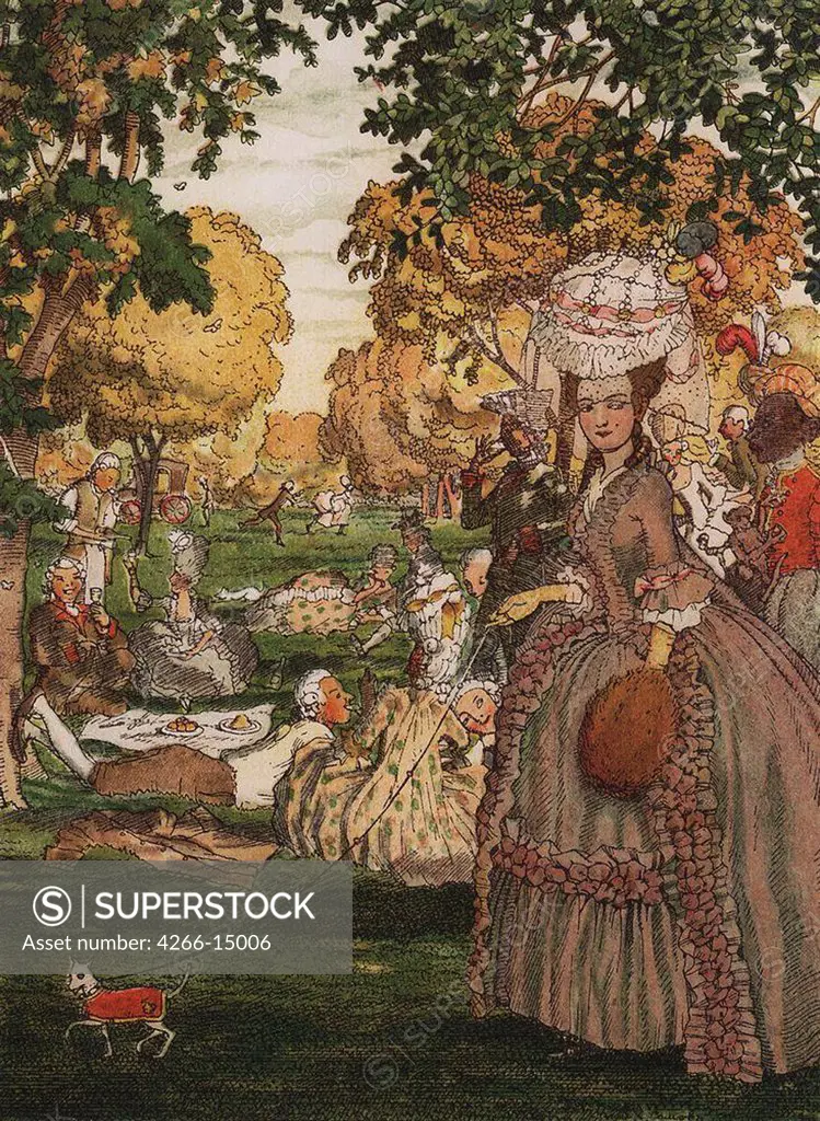 People relaxing in park by Konstantin Andreyevich Somov, Colour aquatint, 1918, 1869-1939, Private Collection