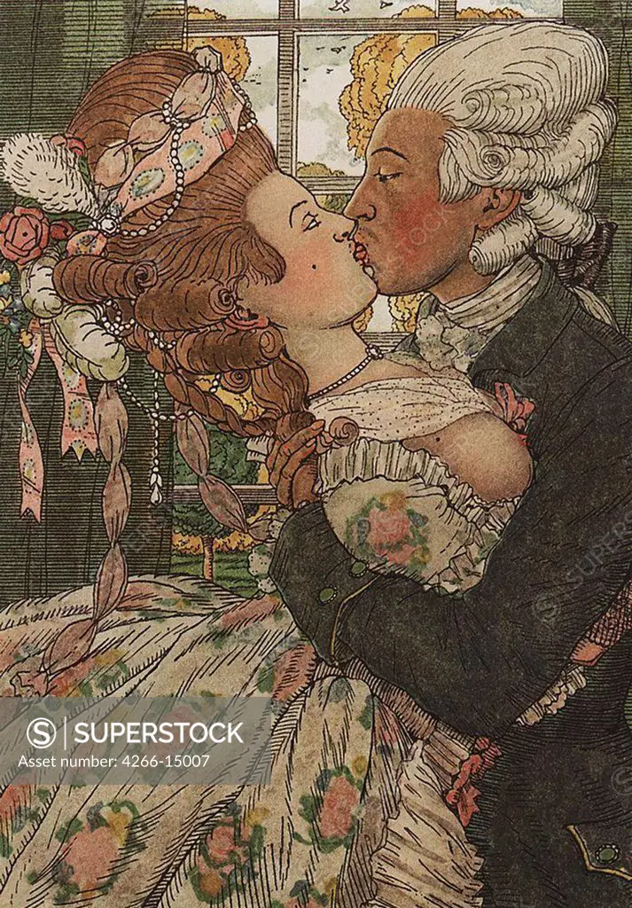 People kissing by Konstantin Andreyevich Somov, Colour aquatint, 1918, 1869-1939, Private Collection