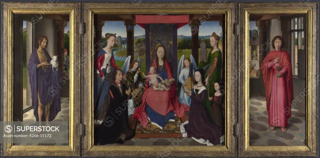 Memling, Hans (1433/40-1494) National Gallery, London Painting 71x131,3 Bible  The Virgin and Child with Saints and Donors (The Donne Triptych)