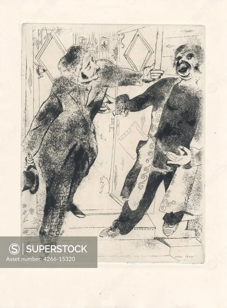 Chagall, Marc (1887-1985) Private Collection Graphic arts 38x28,4 Mythology, Allegory and Literature  Chichikov and Manilov. Illustration for the poem The Dead Souls by N. Gogol