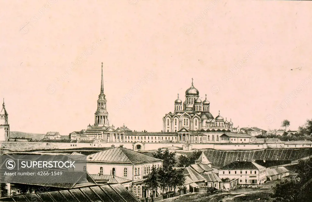 Zadonsk by russian Master, lithograph, 1878, Russia, Sergyev Possad, State Open-air Museum of the Trinity Lavra of St. Sergius, 21, 7x27, 7