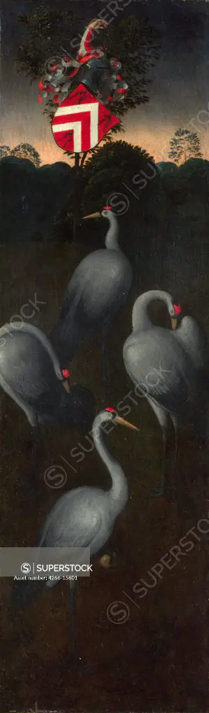 Memling, Hans (1433/40-1494) National Gallery, London Painting 57,5x17,3 Animals and Birds  Cranes with the coat of arms of the Pagagnotti family (The reverse of a Panel from a Triptych)