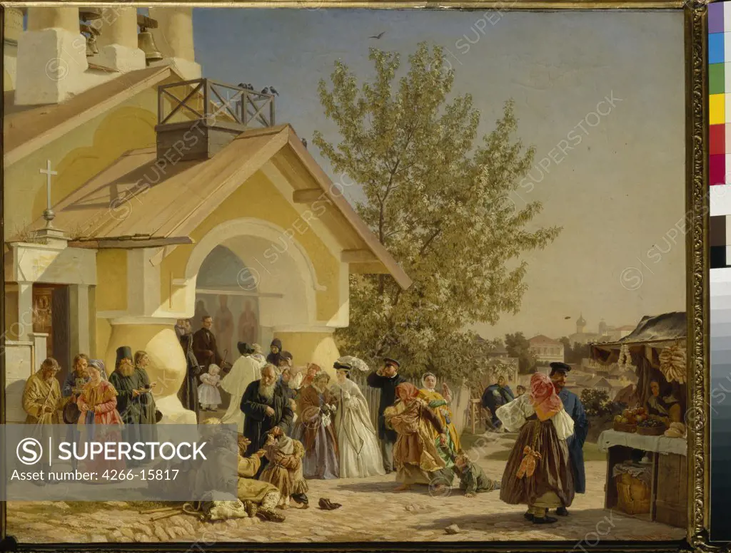 Morozov, Alexander Ivanovich (1835-1904) State Tretyakov Gallery, Moscow Painting 70x89 Genre  Coming out of a Church in Pskov