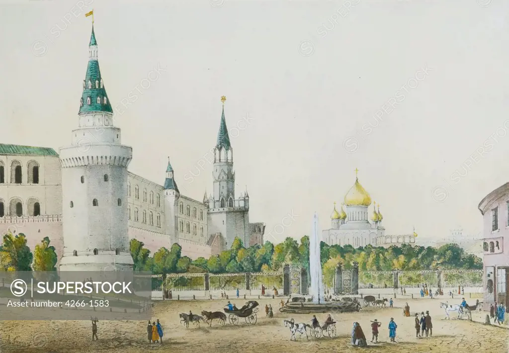 Kremlin Garden by anonymous, lithograph, watercolor, 19th century, Russia, Moscow, Museum of Moscow History and Reconstruction