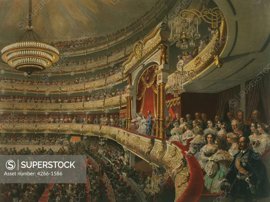 In Theatre by Mihaly Zichy, Color lithograph, 1856, 1827-1906, Russia, Moscow, State Central A. Bakhrushin Theatre Museum