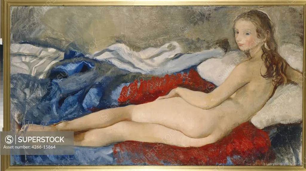 Serebriakova, Zinaida Yevgenievna (1884-1967) State Tretyakov Gallery, Moscow Painting 68x122,5 Nude painting  Reclining Nude Lying Katya