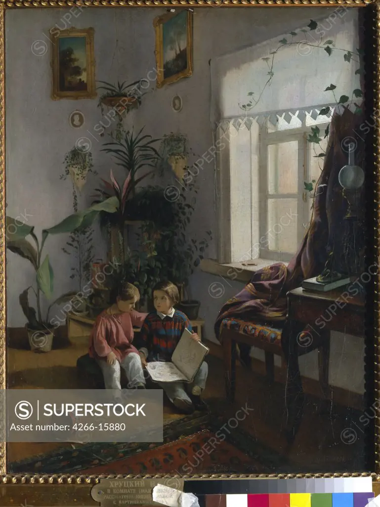 Khrutsky, Ivan Phomich (1810-1885) State Tretyakov Gallery, Moscow Painting 50,5x40,5 Architecture, Interior,Genre  In the room. Young boys looking at book