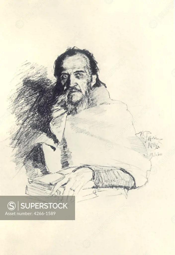 Portrait by Ilya Yefimovich Repin, pencil on paper, 1896, 1844-1930, Russia, Moscow, State Central Literary Museum