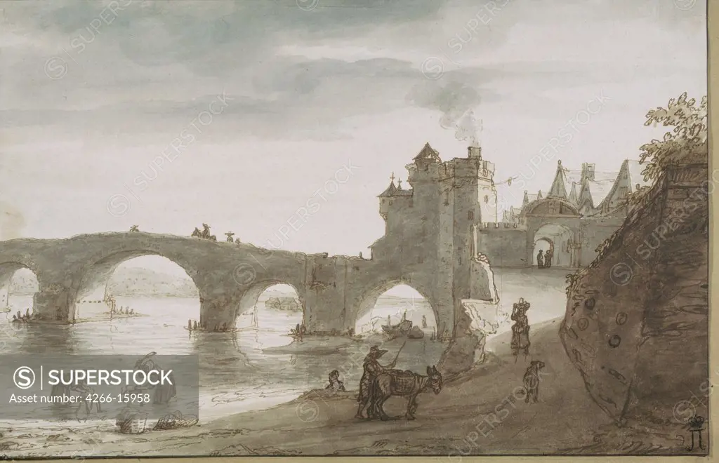 Doomer, Lambert Harmensz (1624-1700) State Hermitage, St. Petersburg Graphic arts 23,1x41,1 Landscape  Bridge Across the Loire at Amboise