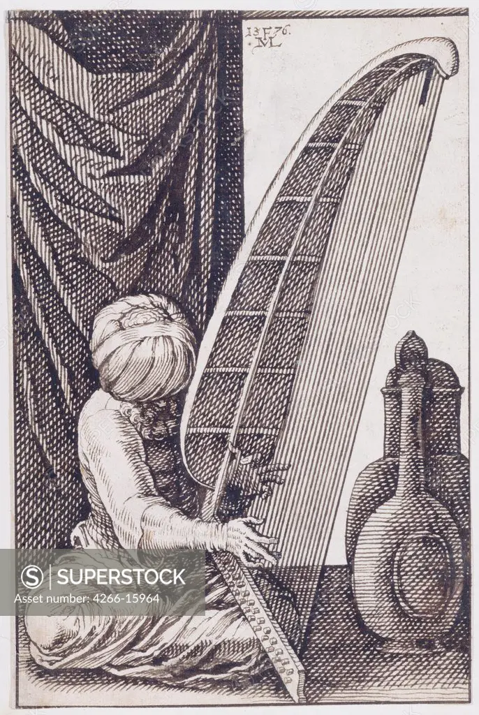 Lorch, Melchior (1527_1588) State Hermitage, St. Petersburg Graphic arts 24,5x16,3 Music, Dance,Genre  Turk Playing a Harp