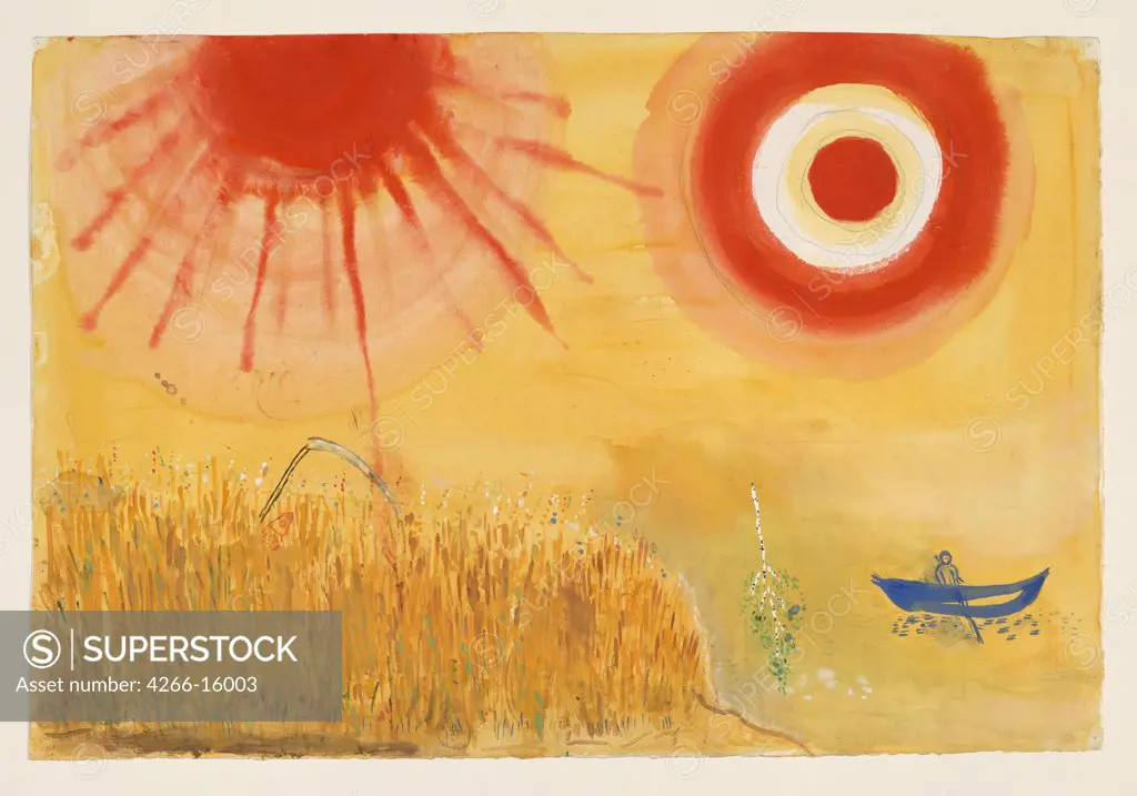 Chagall, Marc (1887-1985) © Museum of Modern Art, New York Graphic arts 38,7x57,2 Opera, Ballet, Theatre,Landscape  A Wheatfield on a Summer's Afternoon. Stage design for the ballet Aleko by P. Tchaikovsky