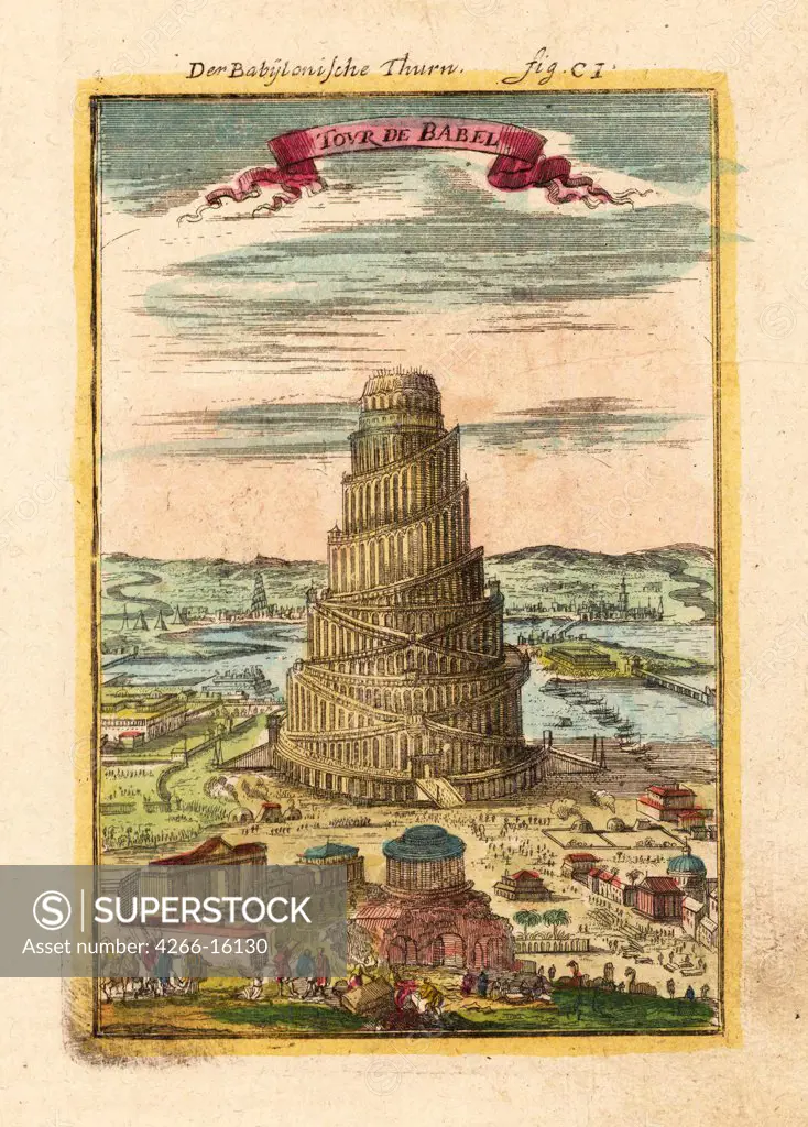 Mallet, Alain Manesson (1630-1706) Private Collection Graphic arts 15x11 Architecture, Interior,Mythology, Allegory and Literature,History  Tower of Babel