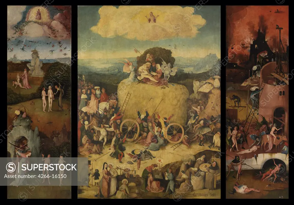 Bosch, Hieronymus (c. 1450-1516) Museo del Prado, Madrid Painting 147x232 Genre,Bible,Mythology, Allegory and Literature  The Haywain (Triptych)