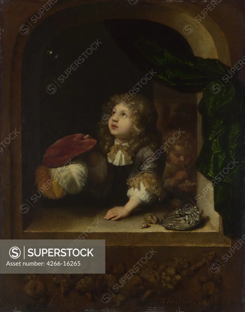 Netscher, Caspar (1639-1684) National Gallery, London Painting 32,2x24,6 Genre  Two Boys blowing Bubbles