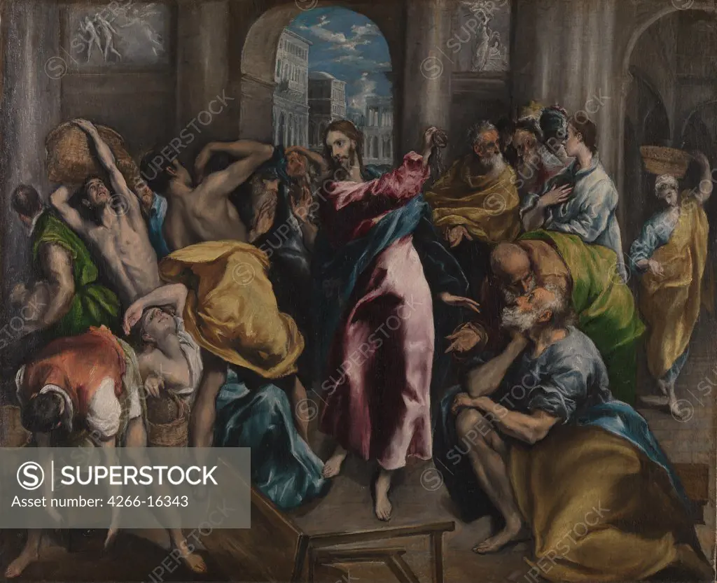 El Greco, Dominico (1541-1614) National Gallery, London Painting 106x129,7 Bible  Christ driving the Traders from the Temple