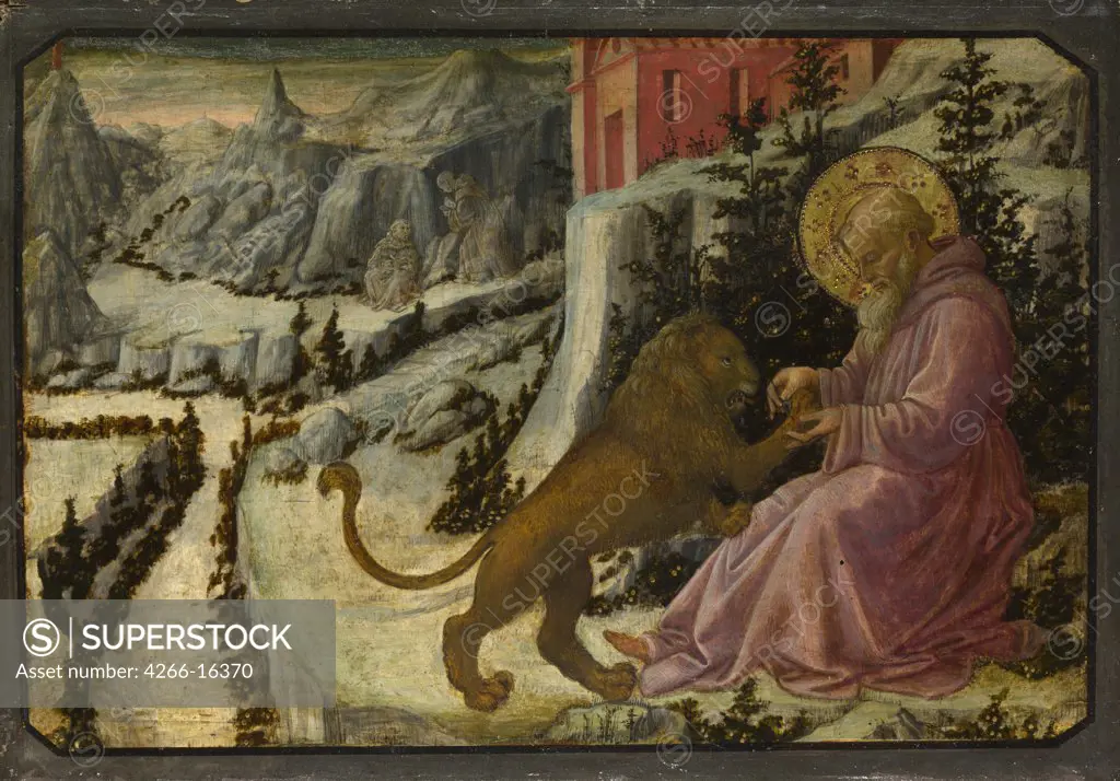 Lippi, Filippo, Fra (1406-1469) National Gallery, London Painting 26,5x40 Bible  Saint Jerome and the Lion (Predella Panel of the Pistoia Santa Trinitš Altarpiece)