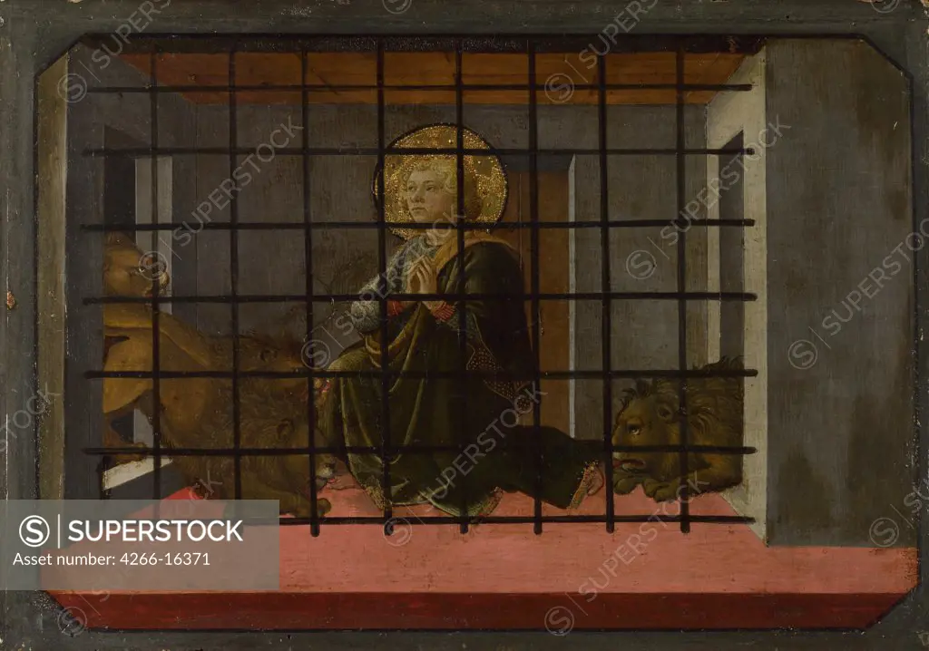 Lippi, Filippo, Fra (1406-1469) National Gallery, London Painting 27x39,5 Bible  Saint Mamas in Prison thrown to the Lions (Predella Panel of the Pistoia Santa Trinitš Altarpiece)