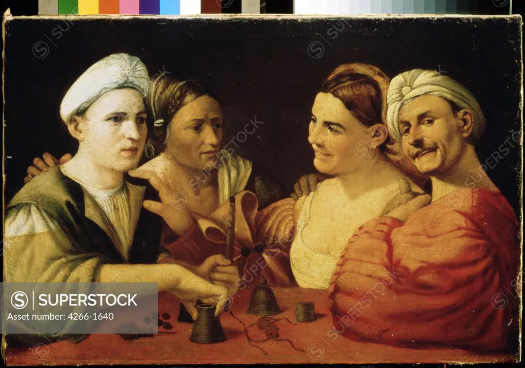 Gamblers at table by Dosso Dossi, oil on canvas, circa 1486-1542, 16th century, School of Ferrara, Russia, Moscow, State A. Pushkin Museum of Fine Arts, 58x85