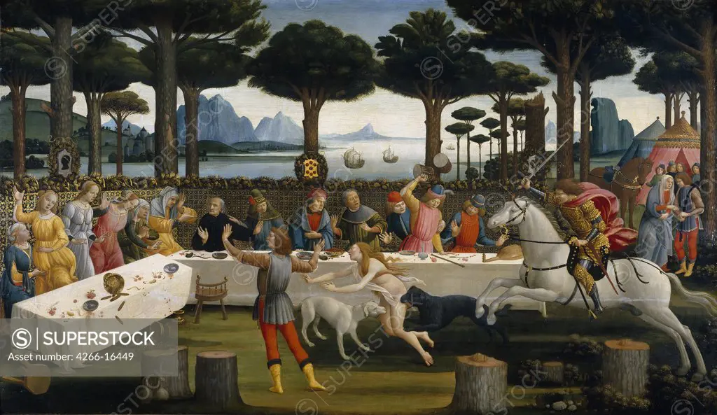 Botticelli, Sandro (1445-1510) Museo del Prado, Madrid Painting 82x142 Mythology, Allegory and Literature  The Story of Nastagio degli Onesti (Third episode)