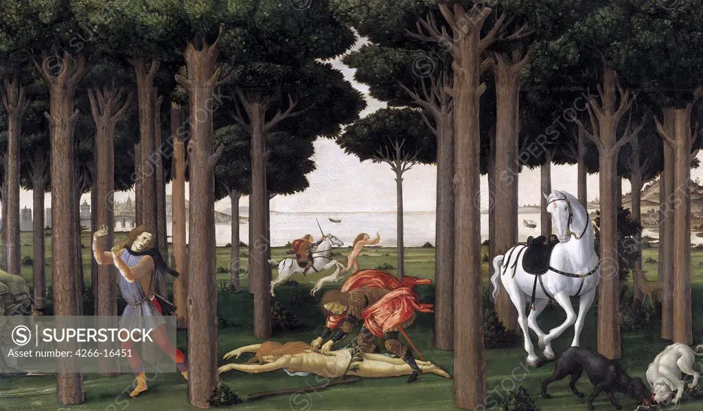 Botticelli, Sandro (1445-1510) Museo del Prado, Madrid Painting 82x138 Mythology, Allegory and Literature  The Story of Nastagio degli Onesti (Second episode)