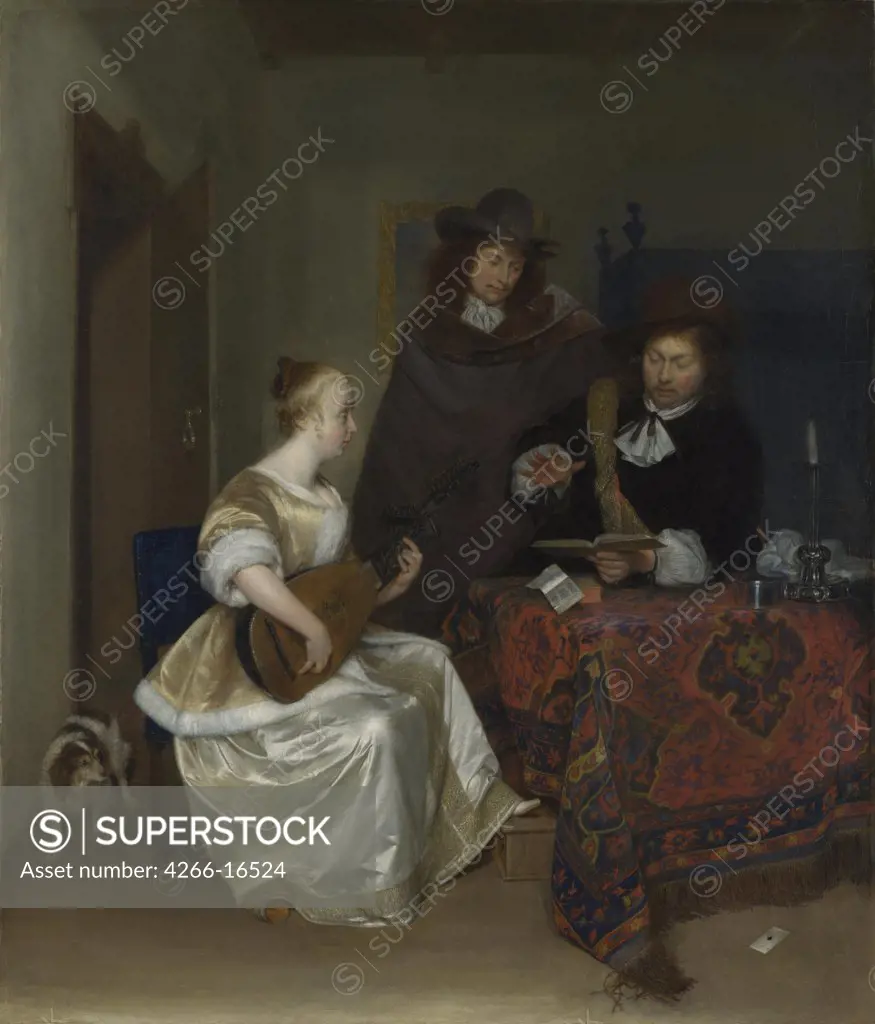 Ter Borch, Gerard, the Younger (1617-1681) National Gallery, London Painting 67,6x57,8 Genre  A Woman playing a Theorbo to Two Men